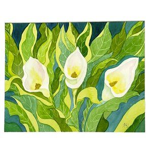 Painting Watercolor Original Art Flower Calla Lily White Green 11x14 Mat 16x20